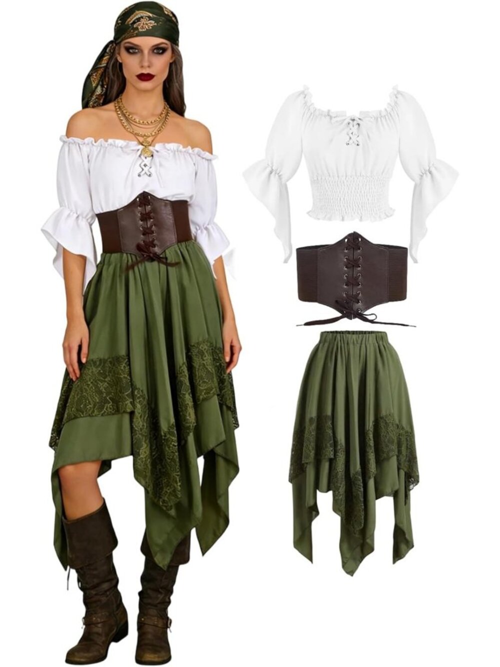 Adult Women's Pirate Costume - 3-Piece Medieval Outfit with Peasant Top & Skirt